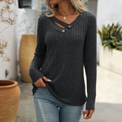 Blouse femme casual unie col V boutonné – Manches longues élégantes