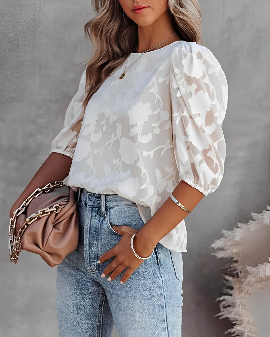 Blouse femme Fiona à manches bouffantes – Chiffon blanc à imprimé fleuri