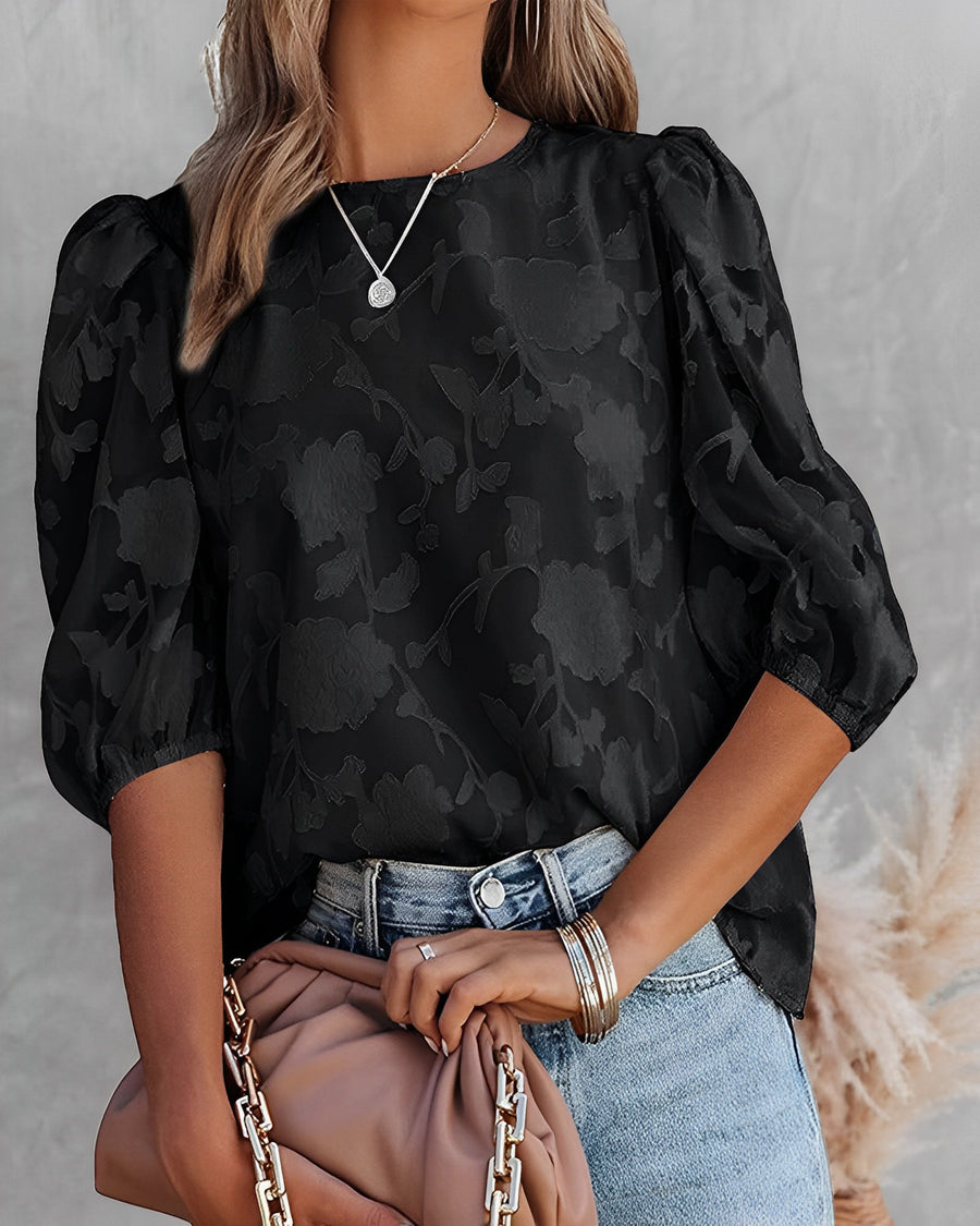 Blouse femme Fiona à manches bouffantes – Chiffon blanc à imprimé fleuri