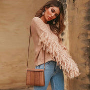 Sweatshirt femme maille épaisse – manches à franges & coupe décontractée