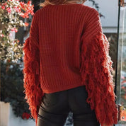 Sweatshirt femme maille épaisse – manches à franges & coupe décontractée
