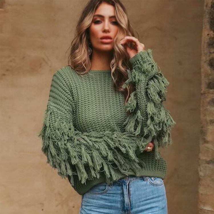 Sweatshirt femme maille épaisse – manches à franges & coupe décontractée