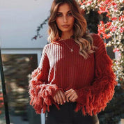 Sweatshirt femme maille épaisse – manches à franges & coupe décontractée