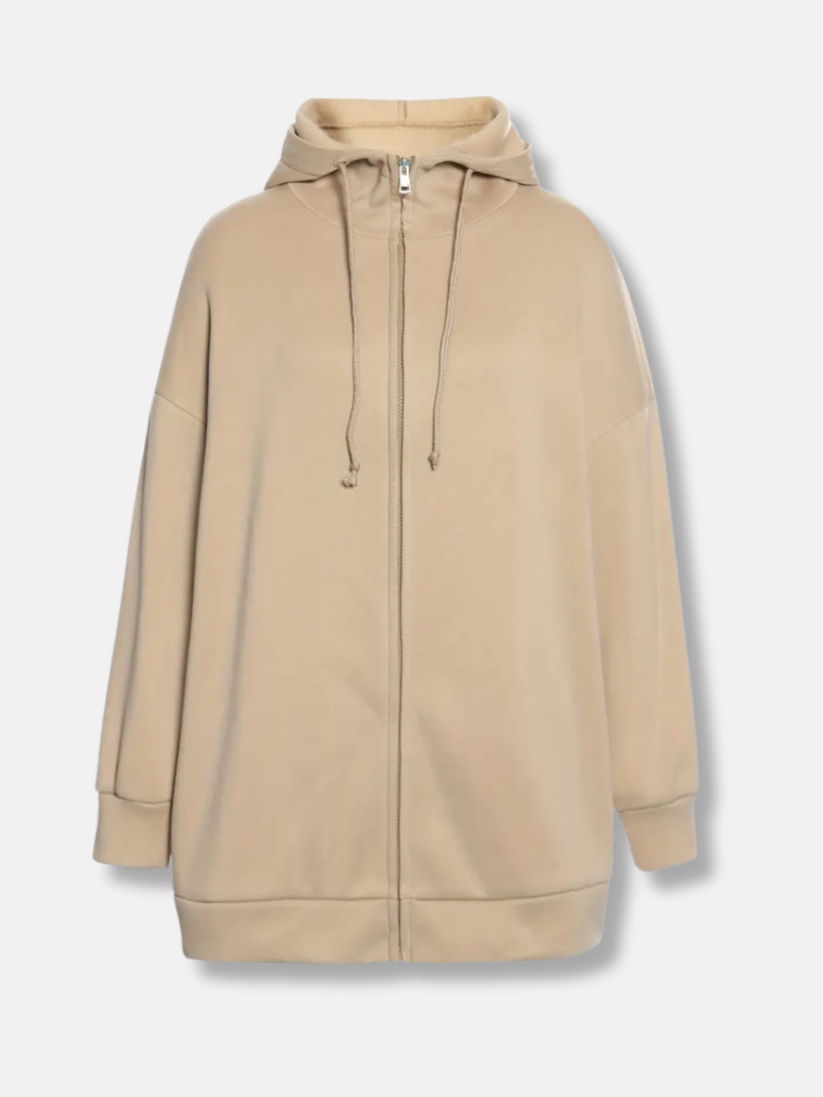 Sweat à capuche long femme avec col montant et zip – confort casual