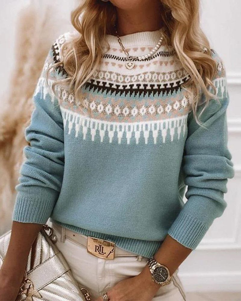 Pull femme jacquard Fair Isle – laine mélangée chaude & col rond