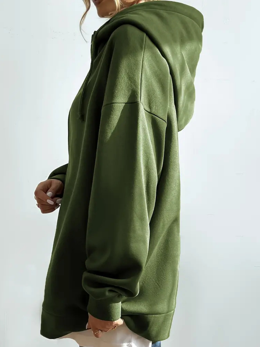 Sweat à capuche long femme avec col montant et zip – confort casual