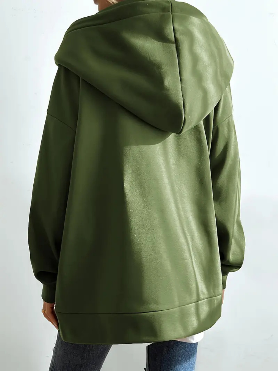 Sweat à capuche long femme avec col montant et zip – confort casual