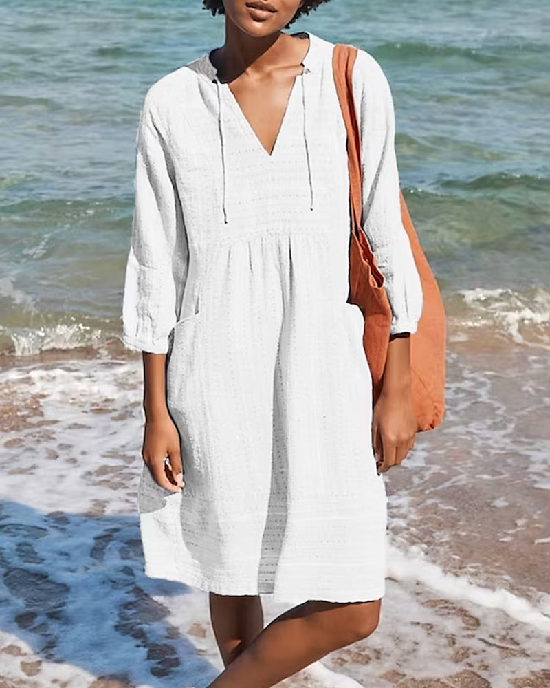 Robe de plage légère col V — manches trois-quarts & coupe fluide