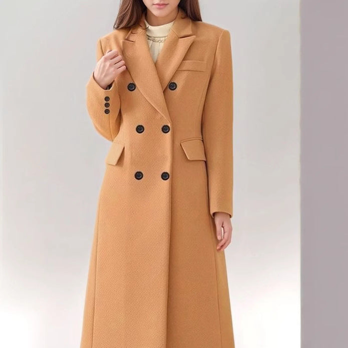 Manteau long en laine femme – Élégant manteau bordeaux à double boutonnage