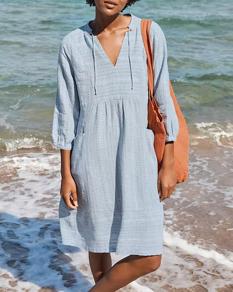 Robe de plage légère col V — manches trois-quarts & coupe fluide