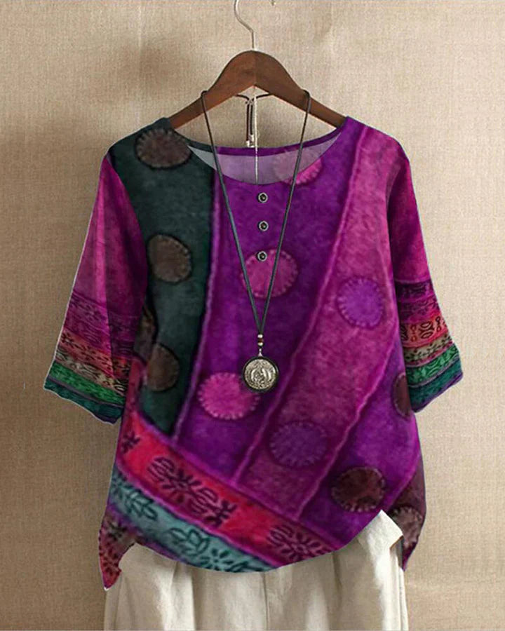Top femme Ritva style boho oversize – Imprimé unique et léger