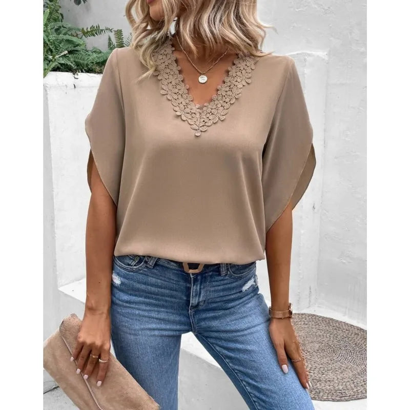 Blouse femme col V dentelle – haut élégant été en tissu léger et respirant