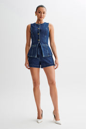 Ensemble denim court Demi femme — gilet sans manches + short taille haute