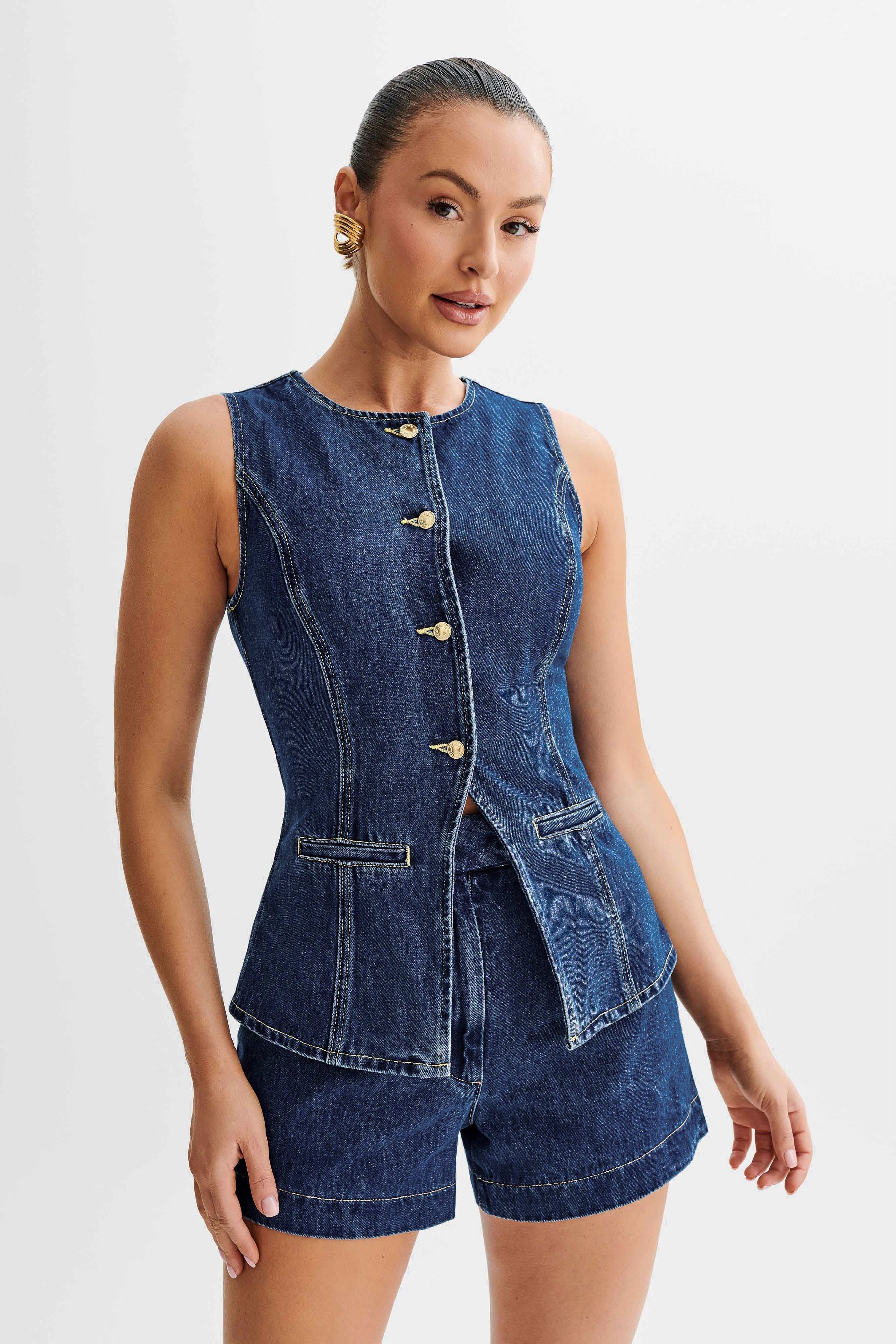 Ensemble denim court Demi femme — gilet sans manches + short taille haute