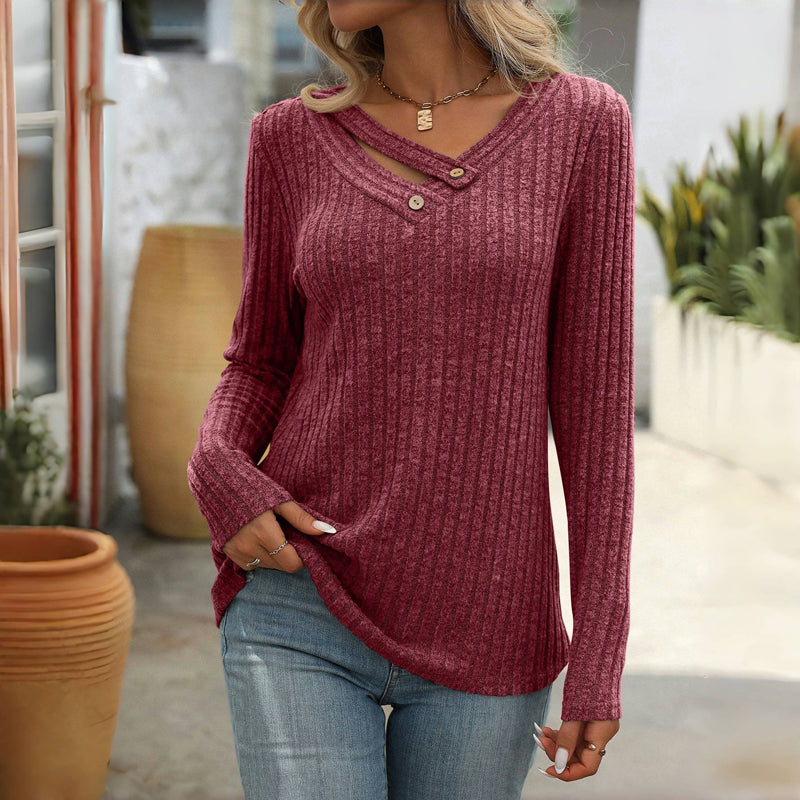 Blouse femme casual unie col V boutonné – Manches longues élégantes