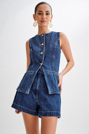 Ensemble denim court Demi femme — gilet sans manches + short taille haute