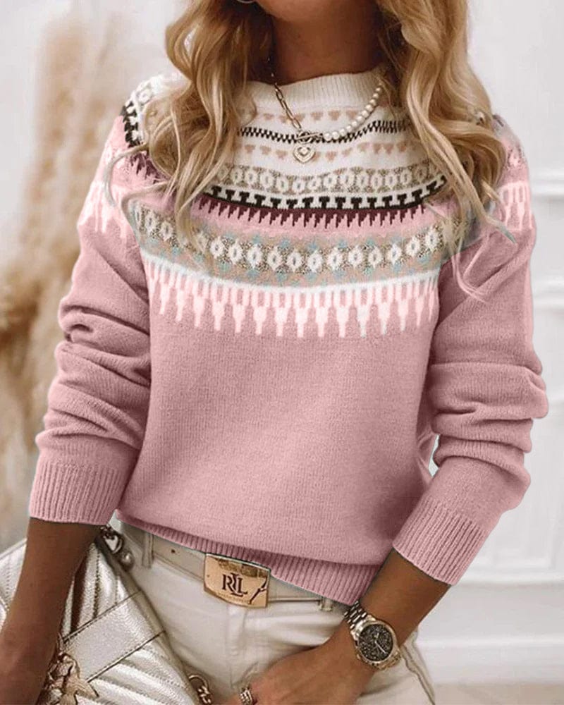 Pull femme jacquard Fair Isle – laine mélangée chaude & col rond