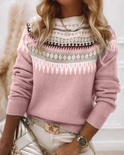Pull femme jacquard Fair Isle – laine mélangée chaude & col rond