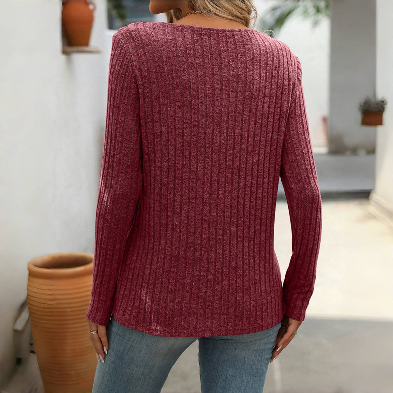 Blouse femme casual unie col V boutonné – Manches longues élégantes