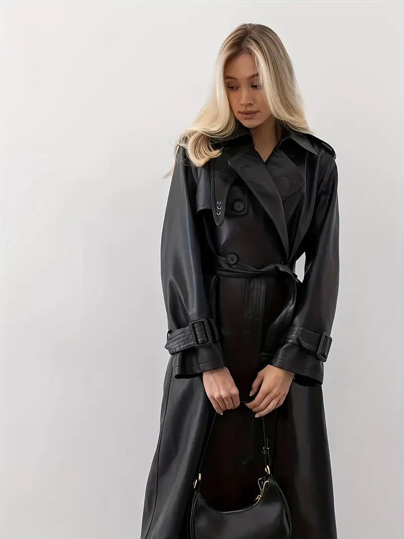 Trench-coat long en cuir Ella – Bretelles croisées & ceinture cintrée élégante