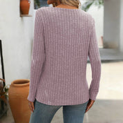 Blouse femme casual unie col V boutonné – Manches longues élégantes