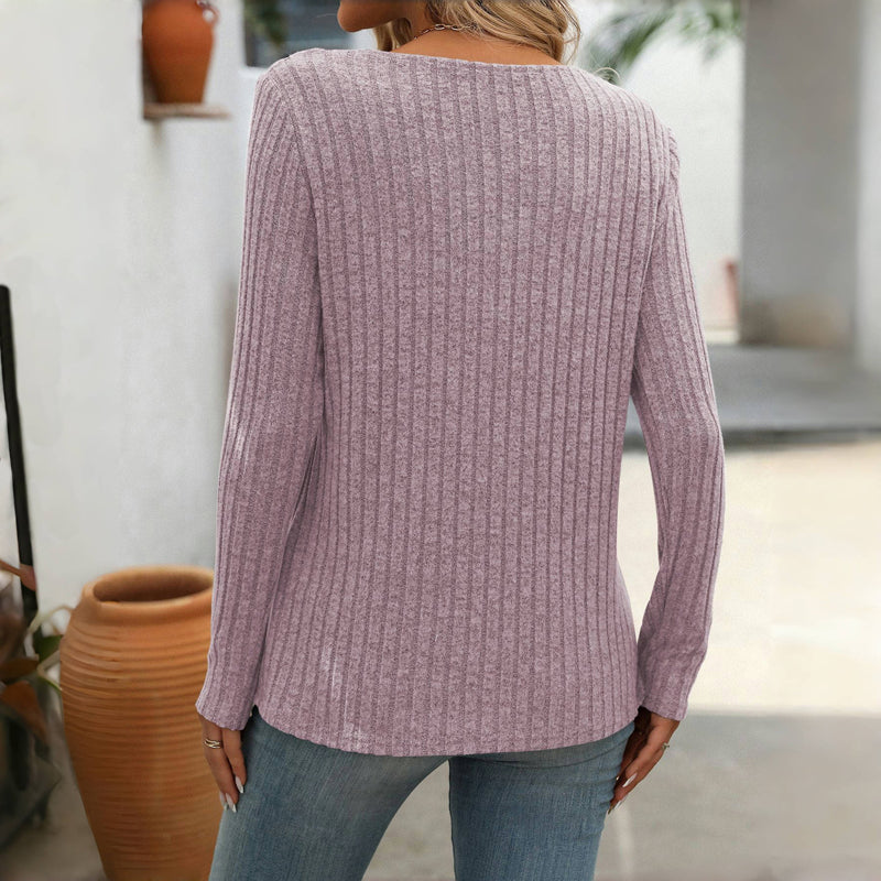 Blouse femme casual unie col V boutonné – Manches longues élégantes