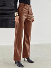 Pantalon femme en cuir – Taille haute à jambes larges avec poches pratiques