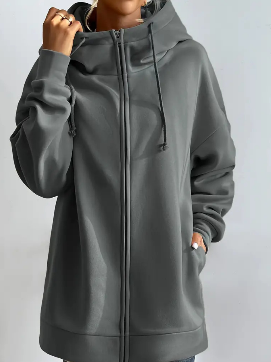 Sweat à capuche long femme avec col montant et zip – confort casual