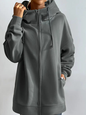 Sweat à capuche long femme avec col montant et zip – confort casual