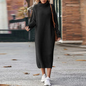 Robe midi femme en maille – col roulé & manches longues | Élégante & chaude
