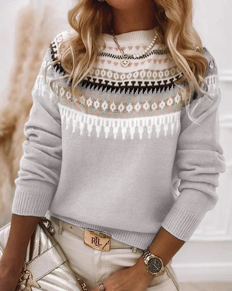 Pull femme jacquard Fair Isle – laine mélangée chaude & col rond