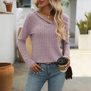 Blouse femme casual unie col V boutonné – Manches longues élégantes