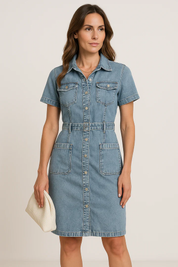 robe en jean Eva — manches courtes, boutonnée & charme denim