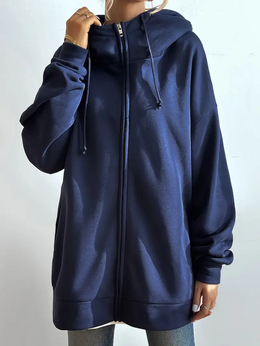 Sweat à capuche long femme avec col montant et zip – confort casual