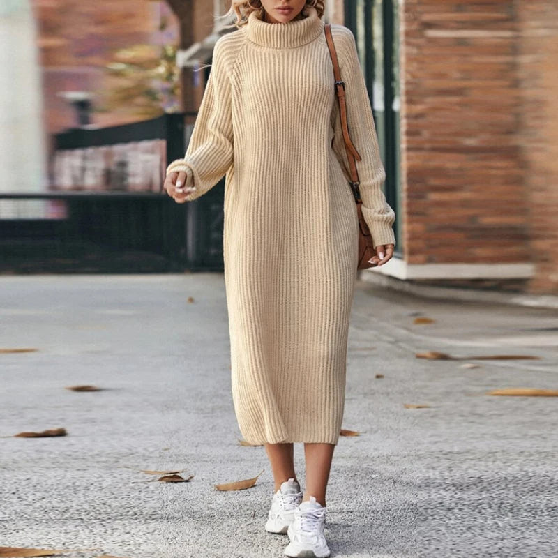 Robe midi femme en maille – col roulé & manches longues | Élégante & chaude