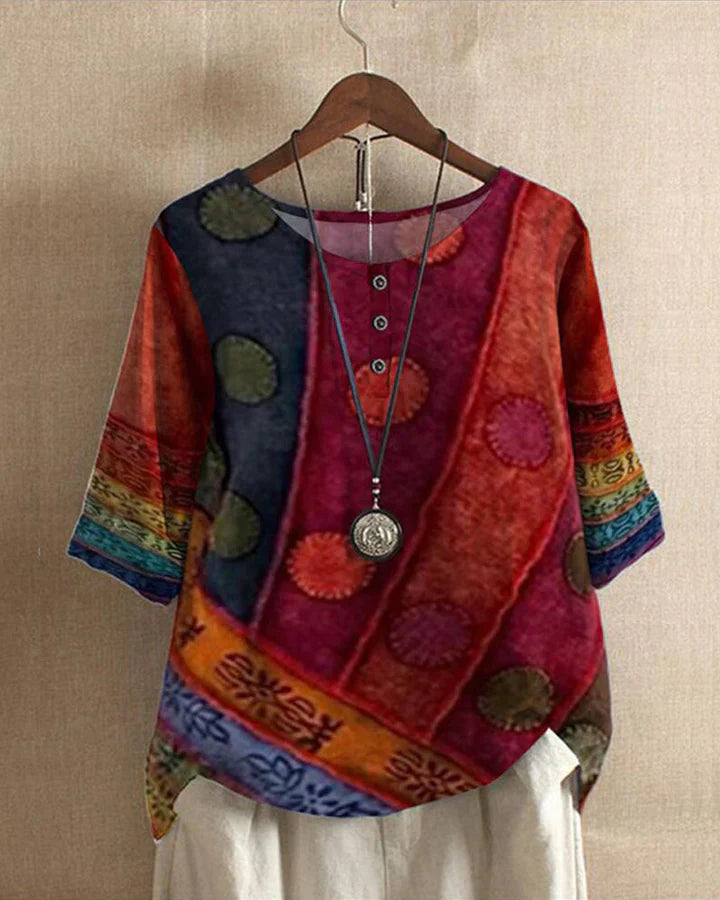 Top femme Ritva style boho oversize – Imprimé unique et léger