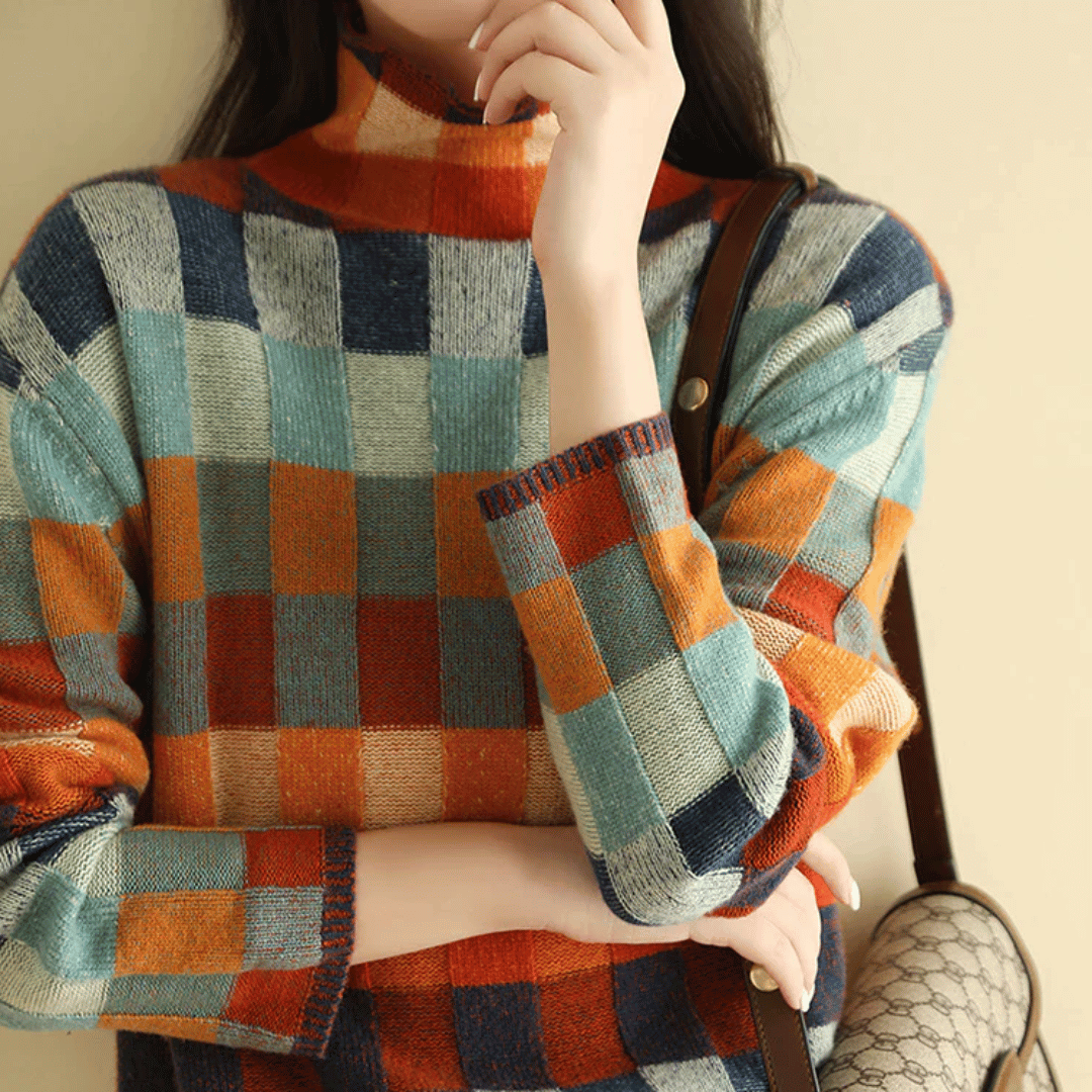 Pull Femme Kayleigh – Col Roulé Patchwork en Cachemire Luxe