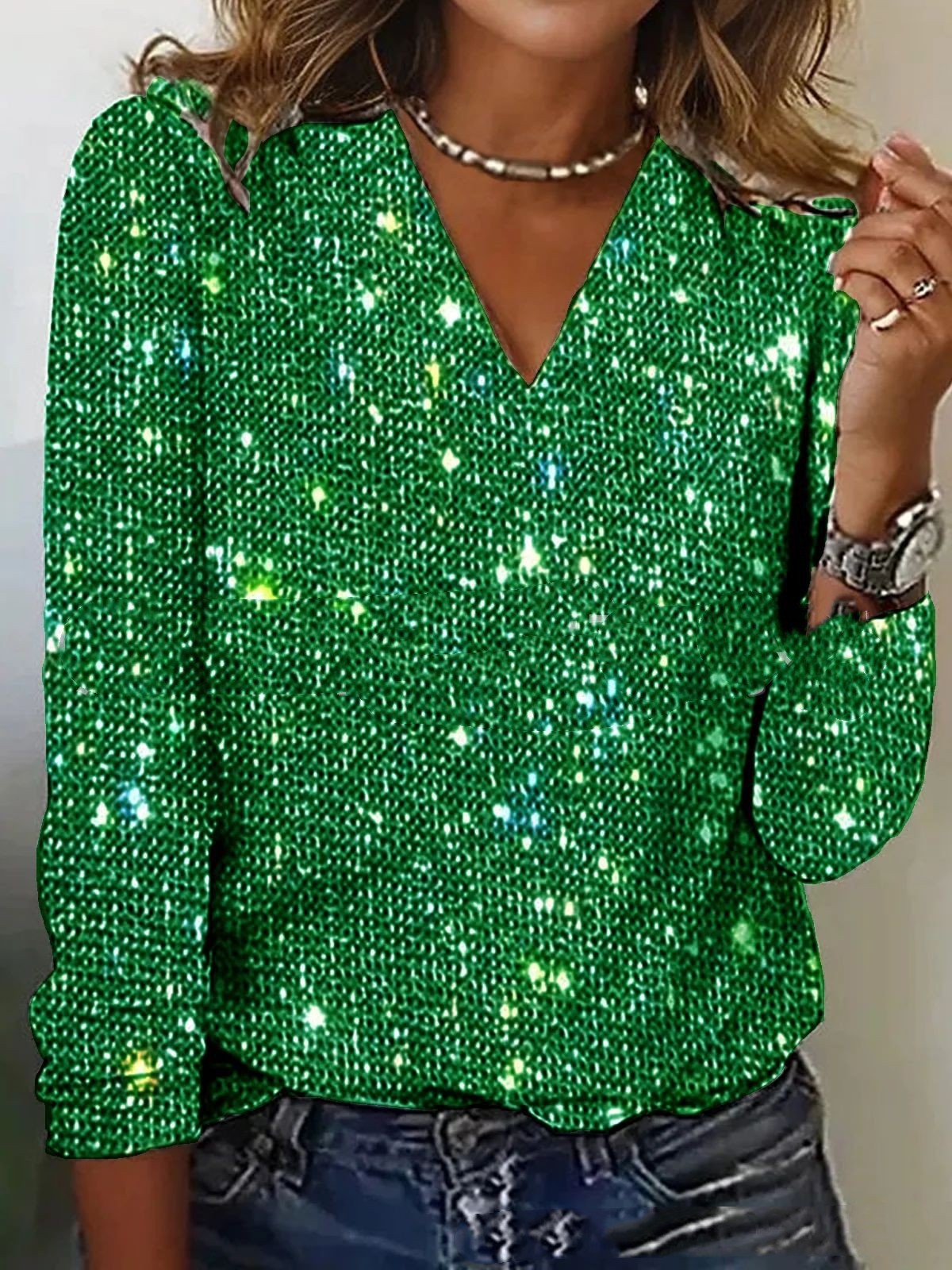 Blouse femme Caroline à paillettes – Col V et manches longues tendance