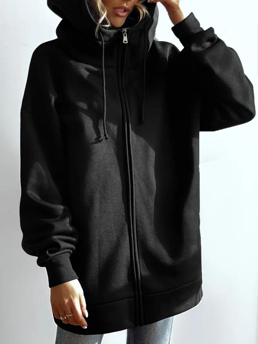 Sweat à capuche long femme avec col montant et zip – confort casual