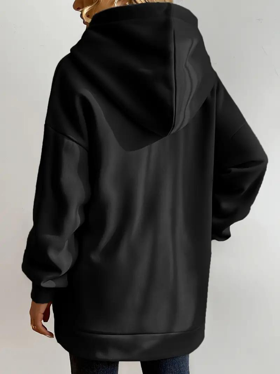 Sweat à capuche long femme avec col montant et zip – confort casual