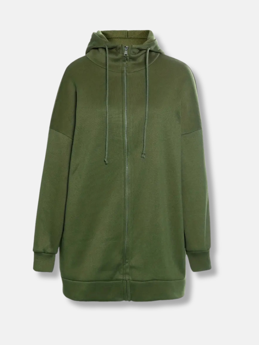 Sweat à capuche long femme avec col montant et zip – confort casual