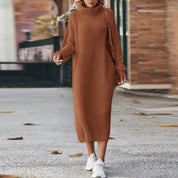 Robe midi femme en maille – col roulé & manches longues | Élégante & chaude