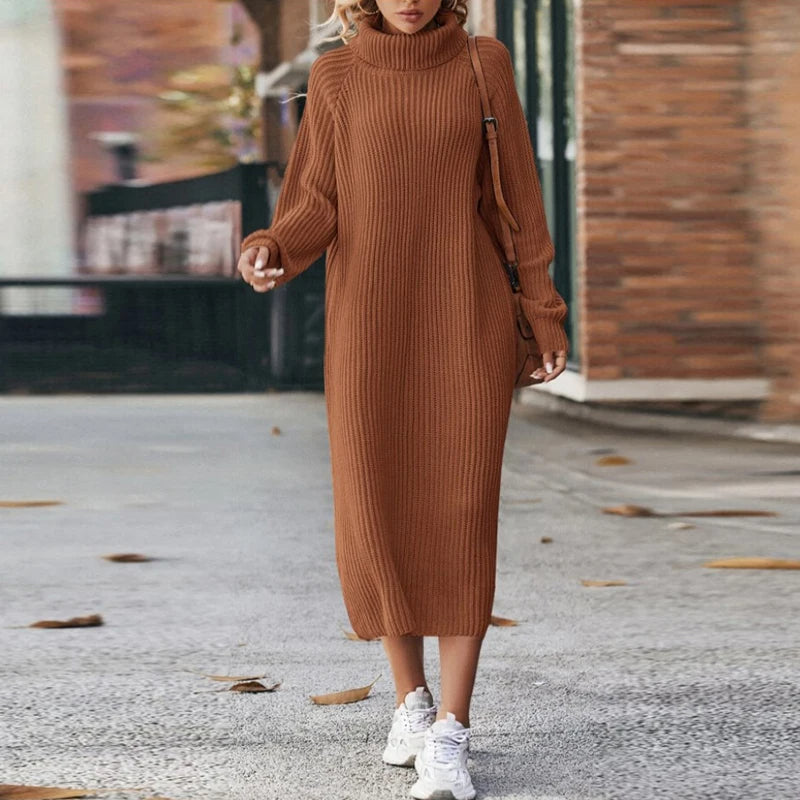 Robe midi femme en maille – col roulé & manches longues | Élégante & chaude