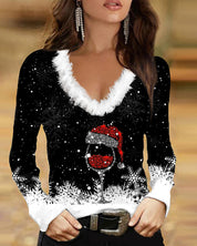 Pull de Noël Mirelle femme – tricot V-neck imprimé & col fluffy