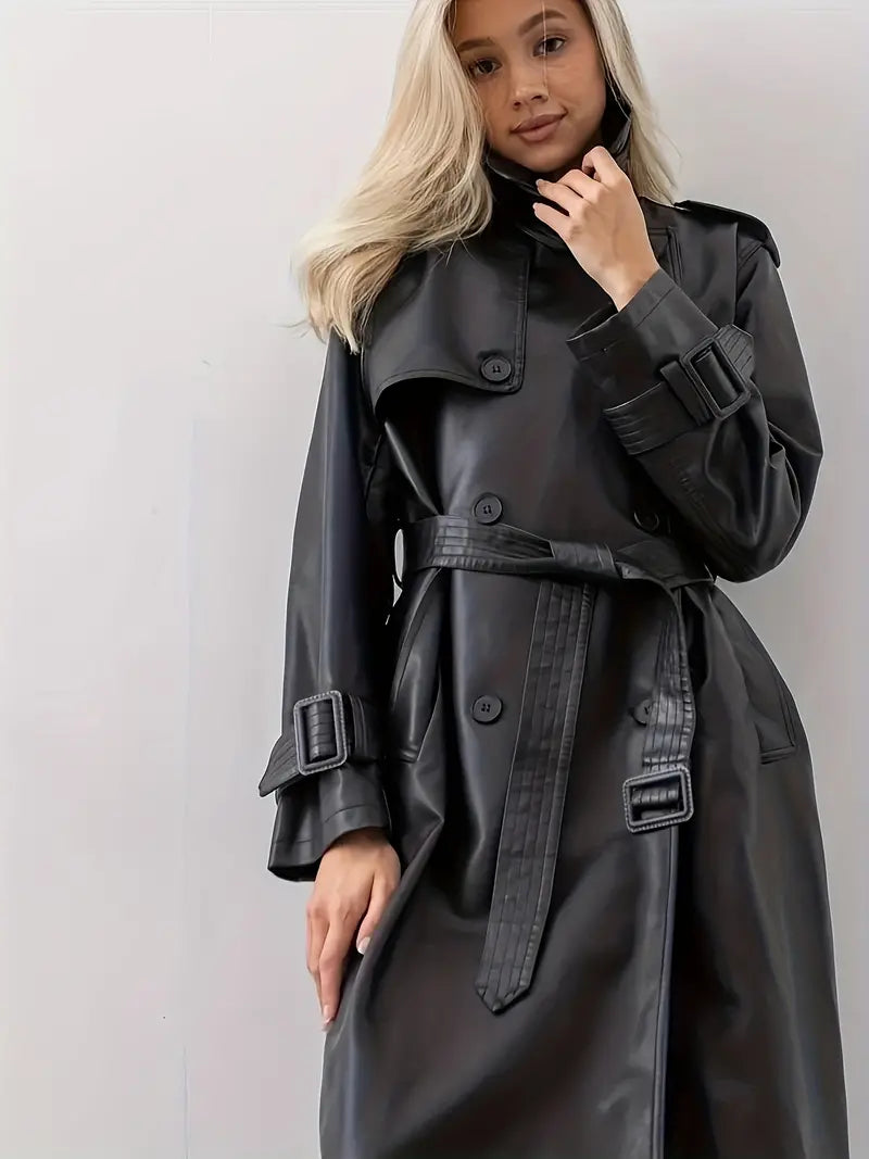 Trench-coat long en cuir Ella – Bretelles croisées & ceinture cintrée élégante