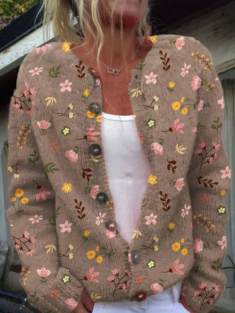 Cardigan femme en maille – Gilet à boutons & imprimé fleuri | Confort & élégance
