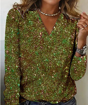 Blouse femme Caroline à paillettes – Col V et manches longues tendance