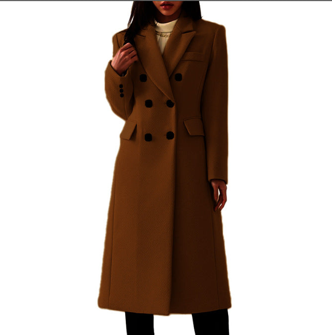 Manteau long en laine femme – Élégant manteau bordeaux à double boutonnage