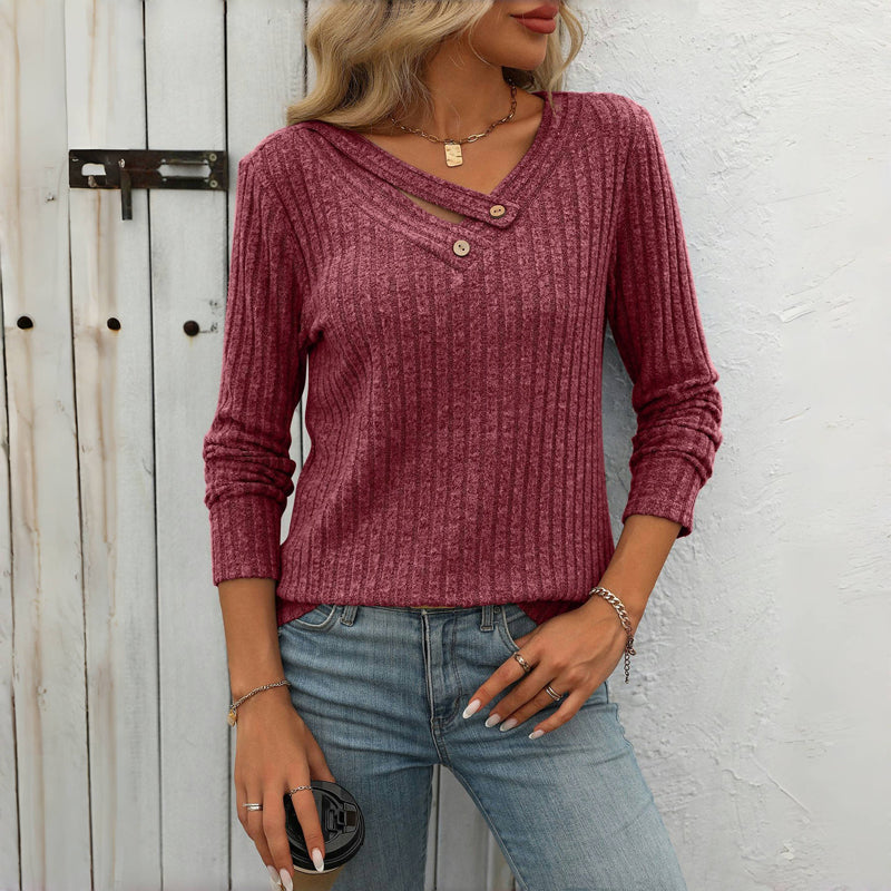 Blouse femme casual unie col V boutonné – Manches longues élégantes