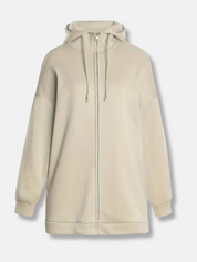 Sweat à capuche long femme avec col montant et zip – confort casual